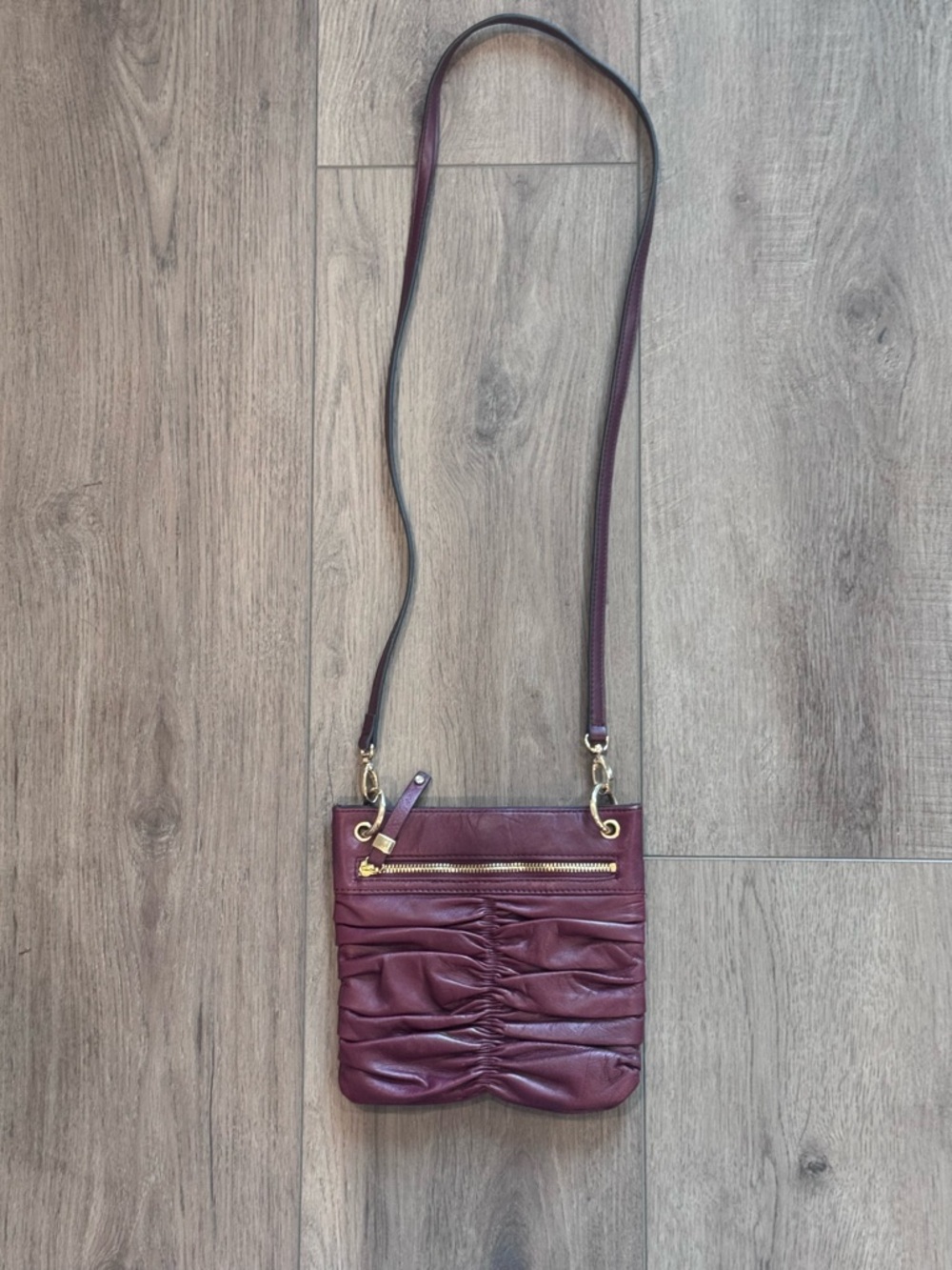Etienne Aigner Burgundy Ruched Leather Crossbody with Gold Hardware - Picture 5 of 12